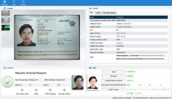 Profondeur de couleur 24 bits Lecteur automatique de carte d'identité de passeport pour le balayage intelligent dans les kiosques OCR